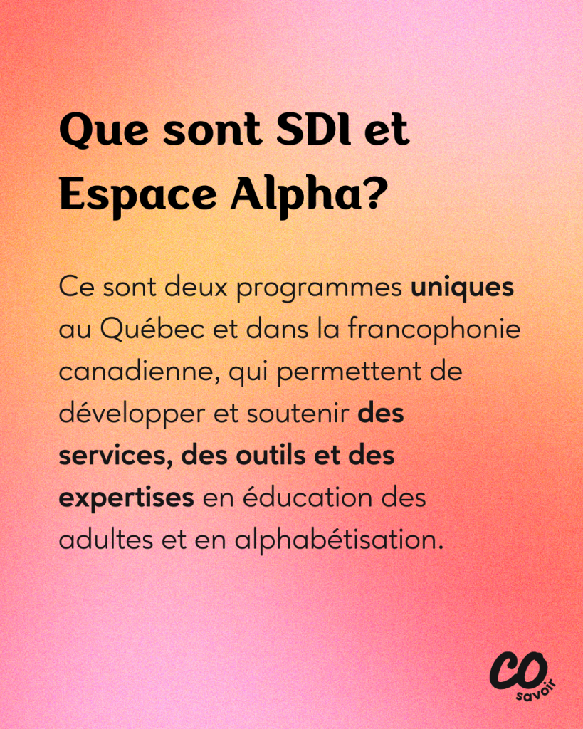 Que sont SDI et Espace Alpha?
Ce sont deux programmes uniques au Québec et dans la francophonie canadienne, qui permettent de développer et soutenir des services, des outils et des expertises en éducation des adultes et en alphabétisation.